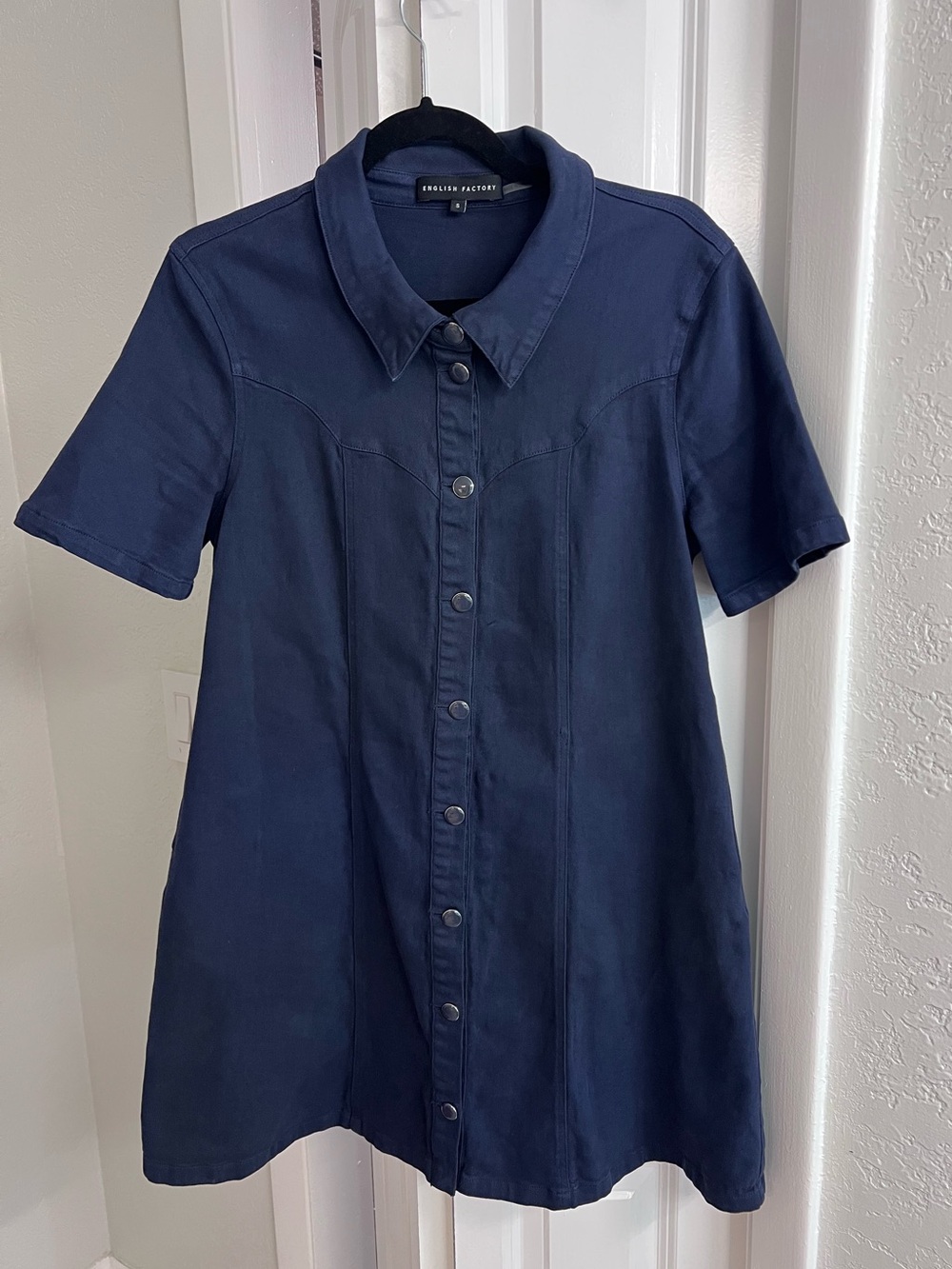 English Factory Navy Button-Front Short Sleeve A-Line Collared Mini Dress